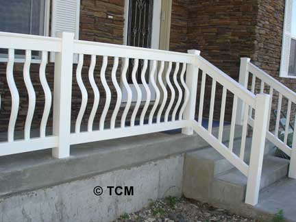 Belly Baluster on porch with straight square pickets going down the stairs